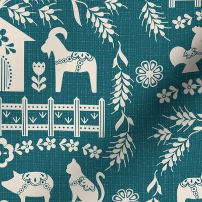 Dala Farm in Teal // swedish folk art dala horse cat rooster pig goat bunny farm teal green fabric 