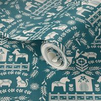 Dala Farm in Teal // swedish folk art dala horse cat rooster pig goat bunny farm teal green fabric 