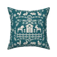 Dala Farm in Teal // swedish folk art dala horse cat rooster pig goat bunny farm teal green fabric 