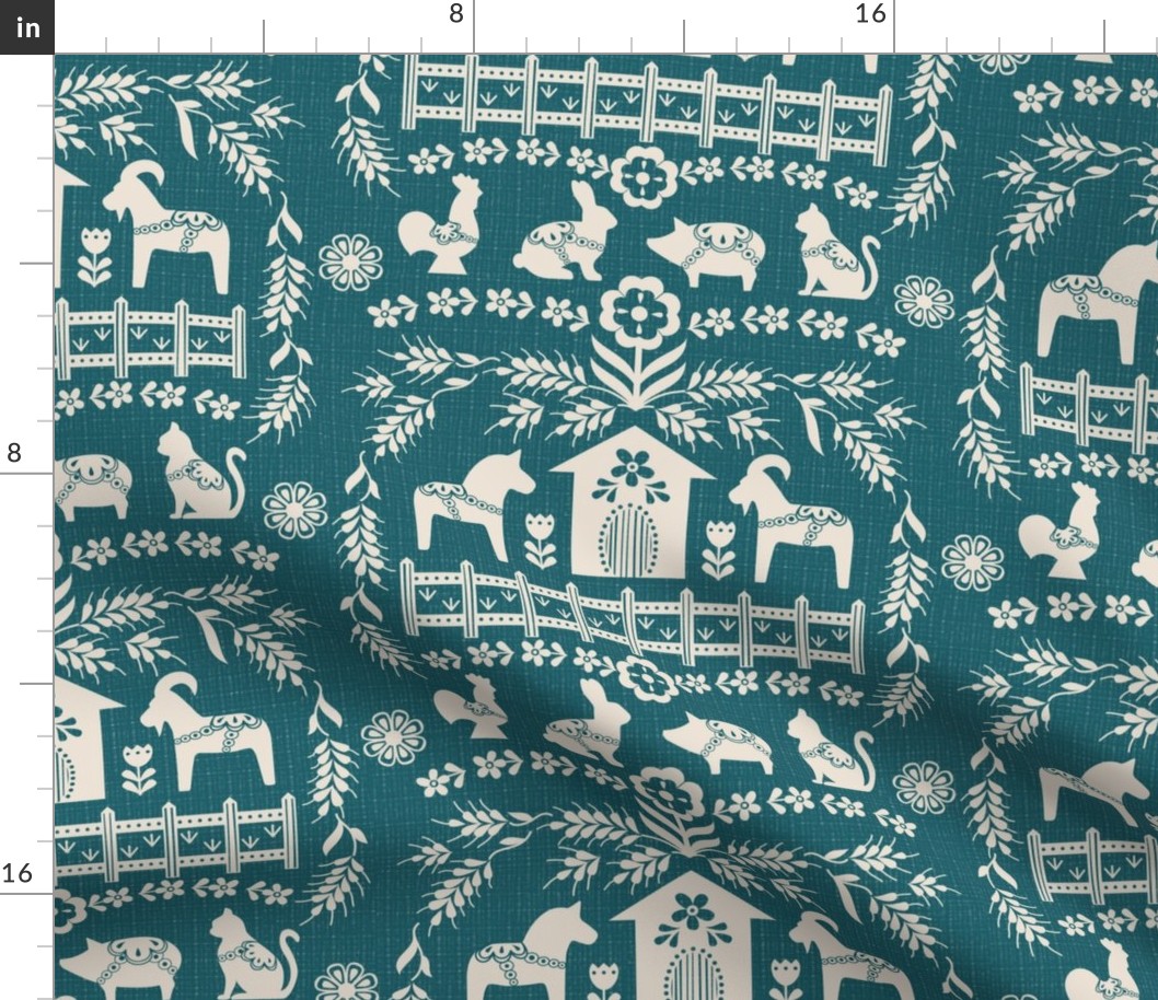 Dala Farm in Teal // swedish folk art dala horse cat rooster pig goat bunny farm teal green fabric 