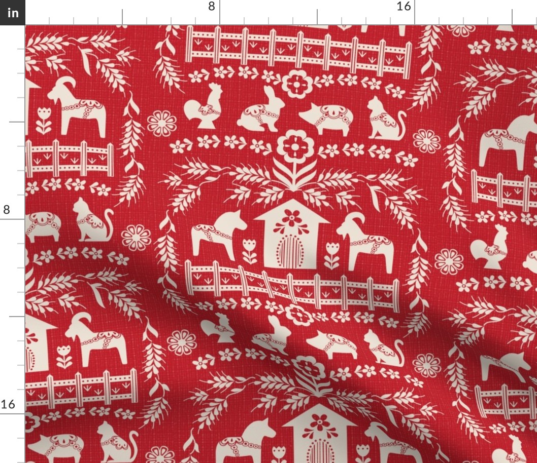 Dala Farm in Red // swedish folk art dala horse cat rooster pig goat bunny farm red fabric
