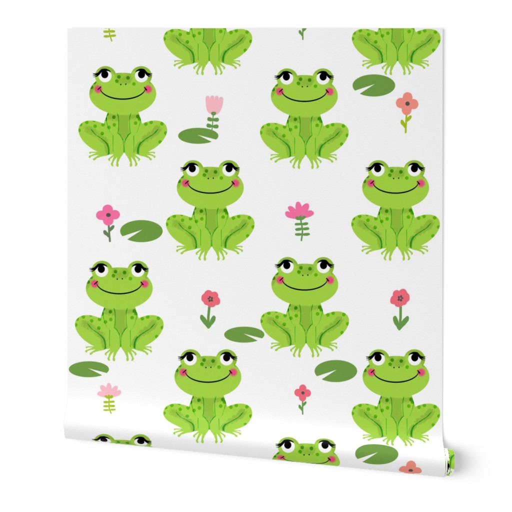 Frogs florals cute animal fabric princess white