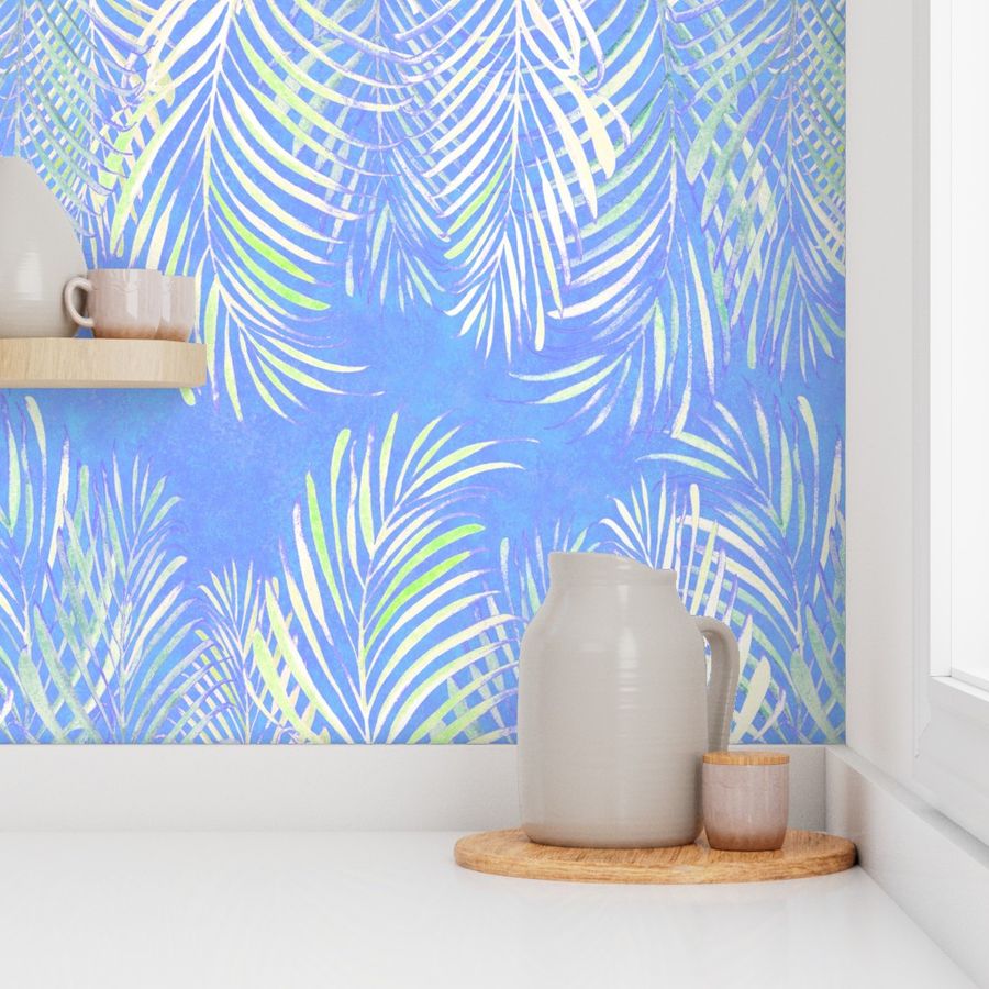 Linear Palms White on Blue 200L