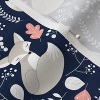 Fox - Sleepy Gray Foxes (navy, peach leaves) Baby Nursery Woodland Animals Kids Childrens Bedding N6