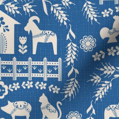 Dala Farm in Blue // swedish folk art dala horse cat rooster pig goat bunny farm bright blue fabric