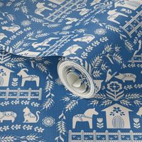 Dala Farm in Blue // swedish folk art dala horse cat rooster pig goat bunny farm bright blue fabric