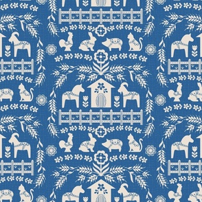 Dala Farm in Blue // swedish folk art dala horse cat rooster pig goat bunny farm bright blue fabric