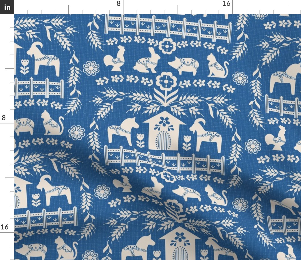 Dala Farm in Blue // swedish folk art dala horse cat rooster pig goat bunny farm bright blue fabric