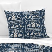 Dala Farm in Navy // swedish folk art dala horse cat rooster pig goat bunny farm navy blue fabric