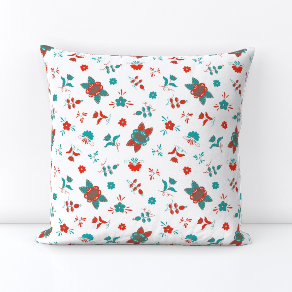 Swedish Folk Art Flowers Mixed Turquoise Red