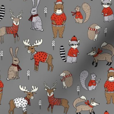 Woodland christmas animals fabric bear fox deer raccoon grey red