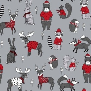 Woodland christmas animals fabric bear fox deer raccoon grey