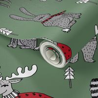 Woodland christmas fabric - animals fabric bear fox deer raccoon medium green