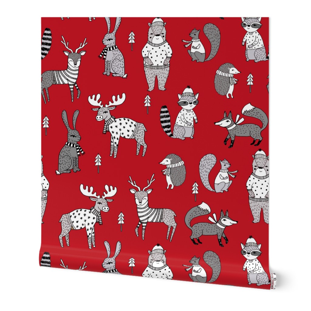 Woodland christmas animals fabric bear fox deer raccoon red