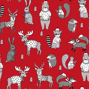 Woodland christmas animals fabric bear fox deer raccoon red