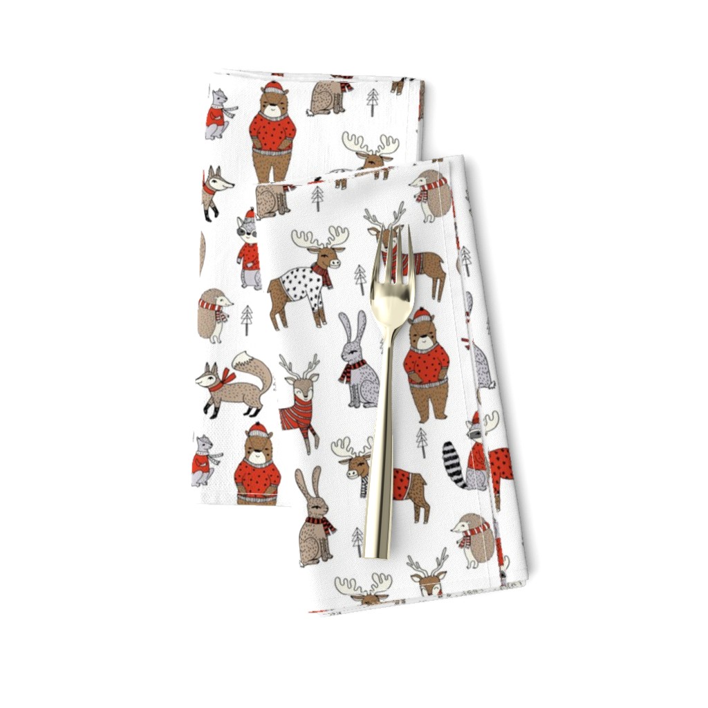 Woodland christmas animals fabric bear fox deer raccoon white red