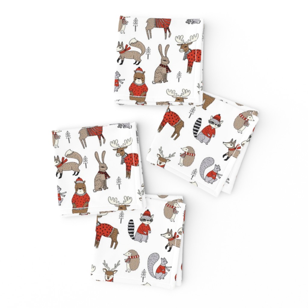 Woodland christmas animals fabric bear fox deer raccoon white red