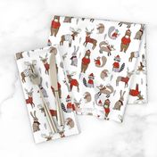 Woodland christmas animals fabric bear fox deer raccoon white red