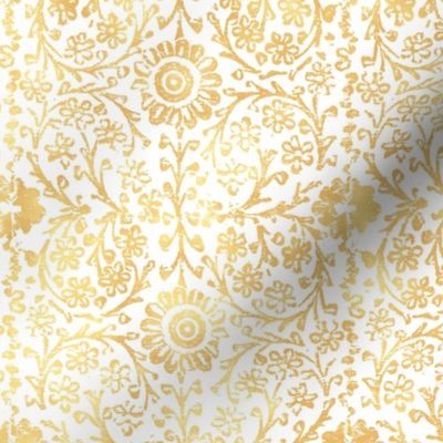 Indian Woodblock in Gold on White (large scale) | Rustic gold floral, hand block printed pattern in yellow and white, botanical print, gold yellow block print design.