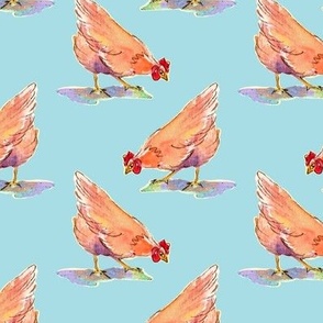 hen-pecked watercolor chickens - aqua