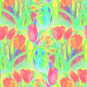 SPRINGTIME TULIP FIELD ROWS GREEN CORAL