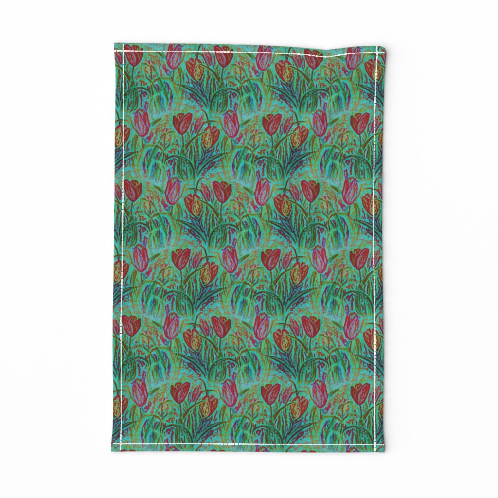 ANTIQUE TULIP FIELD ROWS TEAL MINT RED