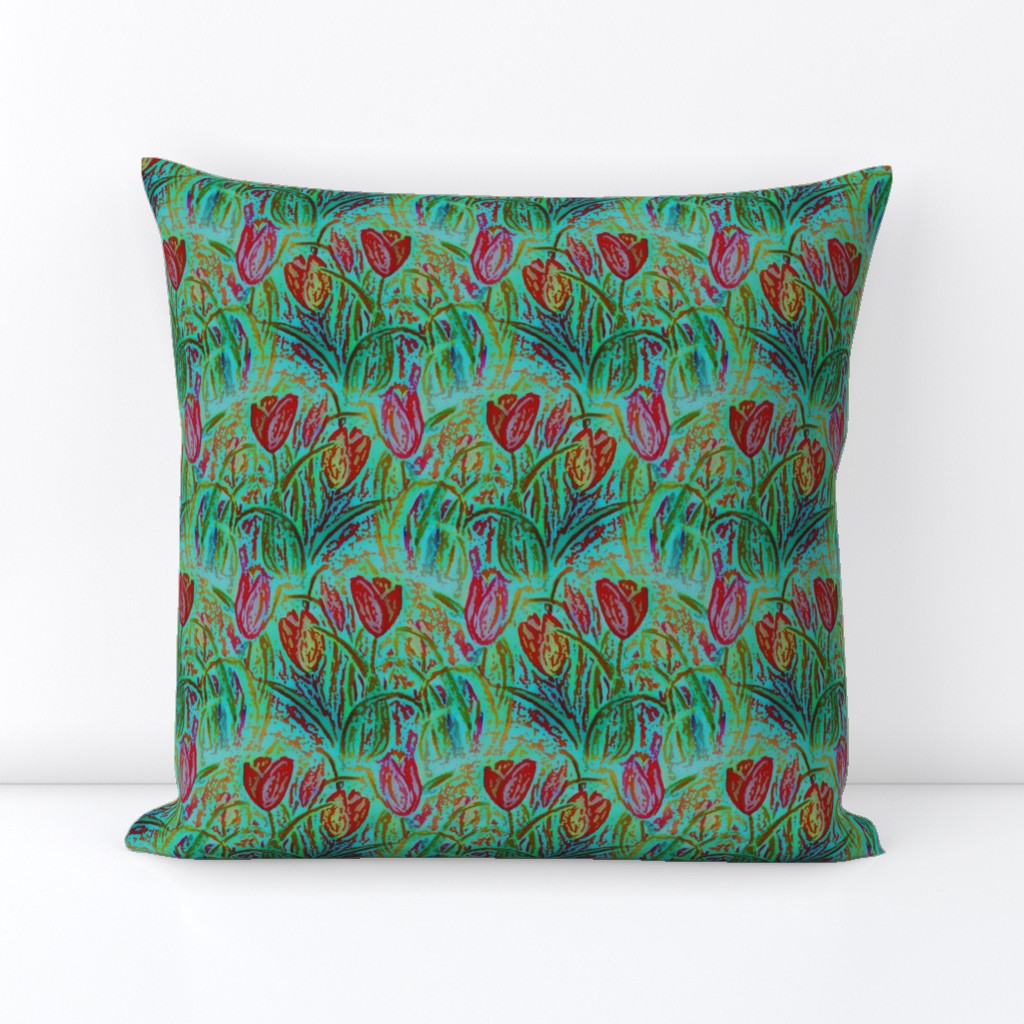 ANTIQUE TULIP FIELD ROWS TEAL MINT RED