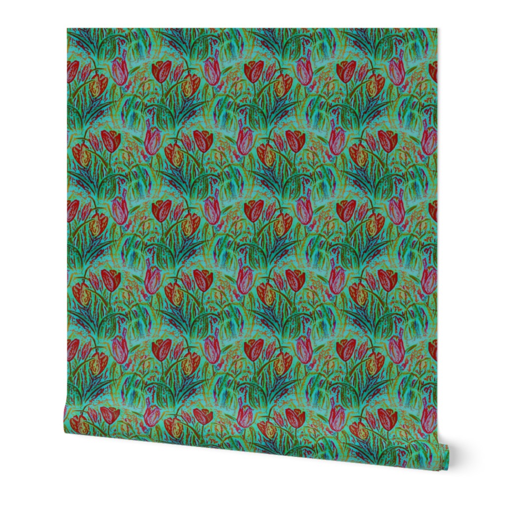 ANTIQUE TULIP FIELD ROWS TEAL MINT RED