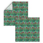 ANTIQUE TULIP FIELD ROWS TEAL MINT RED