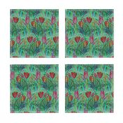 ANTIQUE TULIP FIELD ROWS TEAL MINT RED