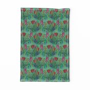 ANTIQUE TULIP FIELD ROWS TEAL MINT RED