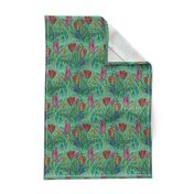 ANTIQUE TULIP FIELD ROWS TEAL MINT RED