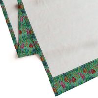 ANTIQUE TULIP FIELD ROWS TEAL MINT RED