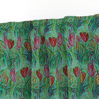 ANTIQUE TULIP FIELD ROWS TEAL MINT RED