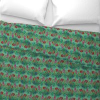 ANTIQUE TULIP FIELD ROWS TEAL MINT RED