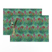 ANTIQUE TULIP FIELD ROWS TEAL MINT RED