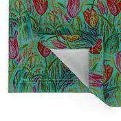 ANTIQUE TULIP FIELD ROWS TEAL MINT RED