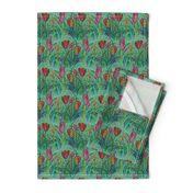 ANTIQUE TULIP FIELD ROWS TEAL MINT RED