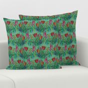 ANTIQUE TULIP FIELD ROWS TEAL MINT RED