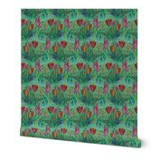 ANTIQUE TULIP FIELD ROWS TEAL MINT RED