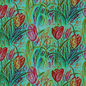 ANTIQUE TULIP FIELD BOUQUET TEAL MINT RED