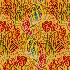 ANTIQUE TULIPS FIELD ROWS MARIGOLD RED