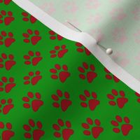 Half Inch Dark Red Paw Prints on Christmas Green