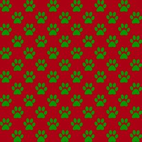 Half Inch Christmas Green Paw Prints on Dark Red