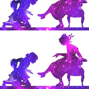 4 Cinderella fairy tales prince princess glass slippers shoes sparkles stars universe galaxy cosmic cosmos planets nebula silhouette watercolor effect  purple blue violet 