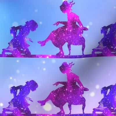 3 Cinderella fairy tales prince princess glass slippers shoes sparkles stars universe galaxy cosmic cosmos planets nebula silhouette watercolor effect  purple blue violet clouds 