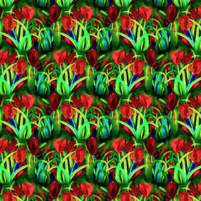 RED GREEN CLASSIC TULIP FIELDS ROWS STRIPES CHALK PASTEL