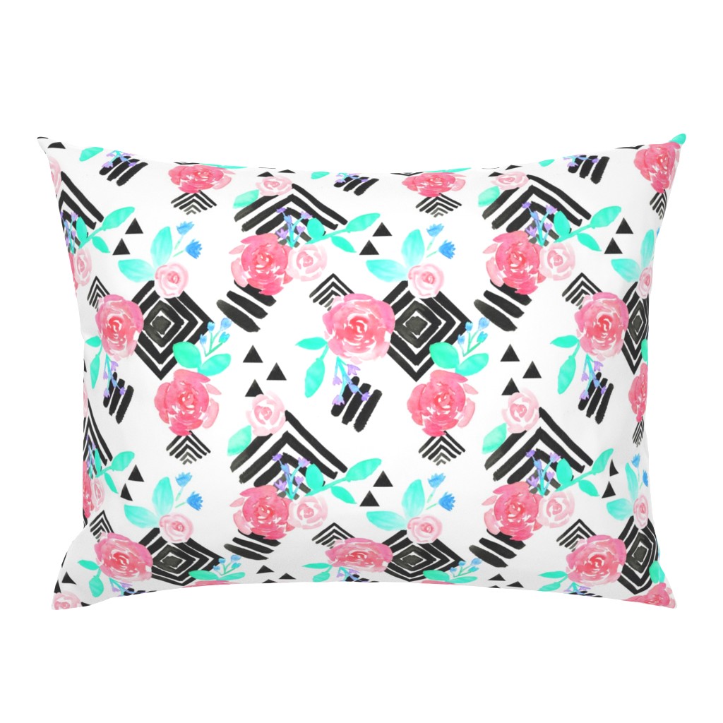 Boho Flowers on Geometric Monochrome Pattern