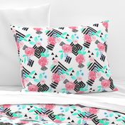 Boho Flowers on Geometric Monochrome Pattern