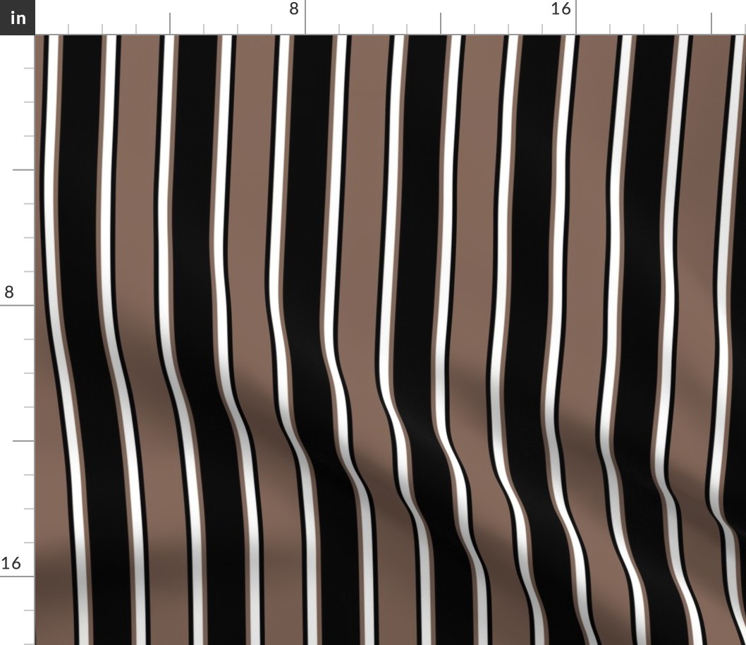 Taupe Brown, Black, and White Vertical Thin and Thick Stripes